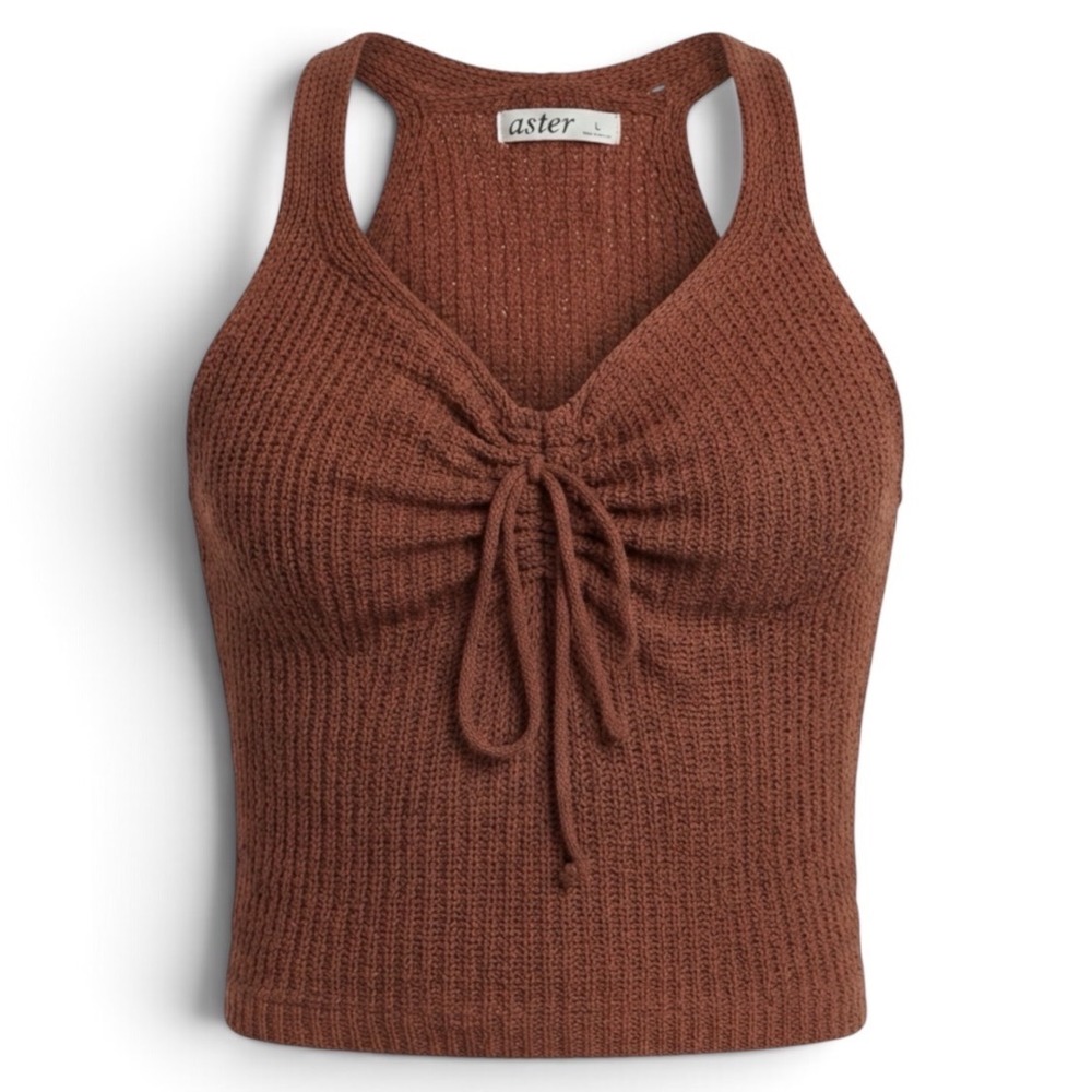 Aster Crochet Knit Ruched Tank Top Womens Large Brown Rust V-Neck SW6682A